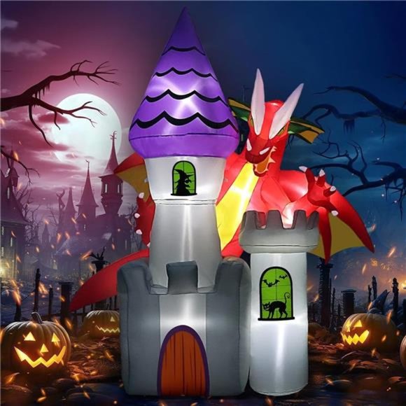 8 Ft Halloween Inflatables Flying Dragon & Witch Castle Blow Up Built-in Led